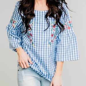 Embroidered Bell Sleeve Gingham Top